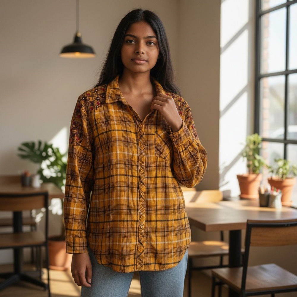Terra & Sky Mustard Plaid Button-Down Shirt